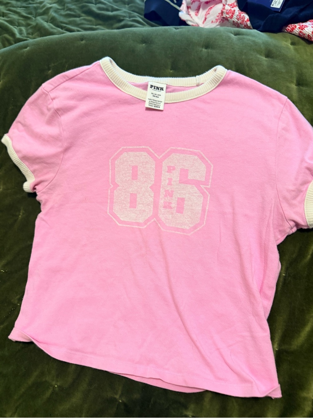 PINK Victoria's Secret Pink Ringer Tee with Cream Trim and 86 Graphic
